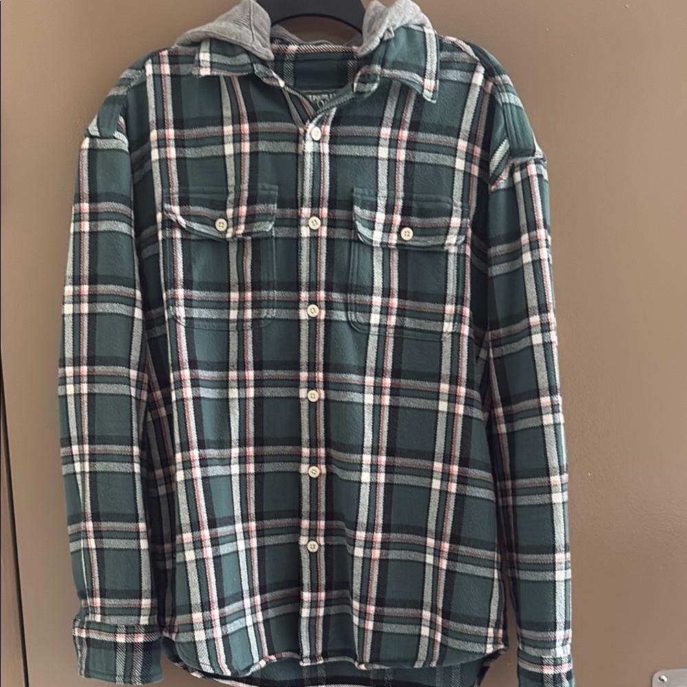 Green Plaid Button-Up Shirt with Hood